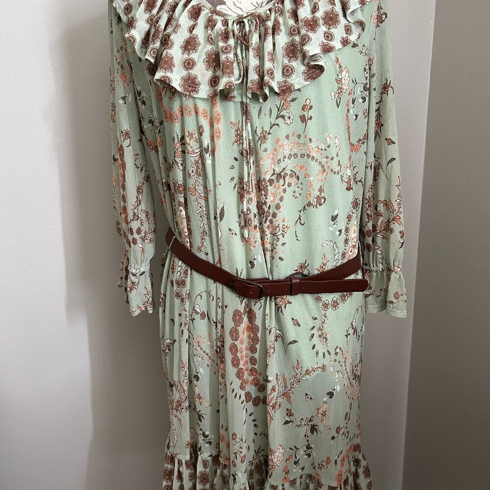 LADIES MINT/BRN PAISLEY LONG SLEEVE DRESS WITH RUFFELED NECK/BTM, Sz, L